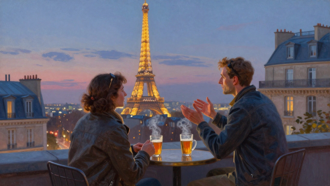 A guide and traveler watch the Eiffel Tower light up at dusk from a hidden Paris rooftop, sipping cider together.