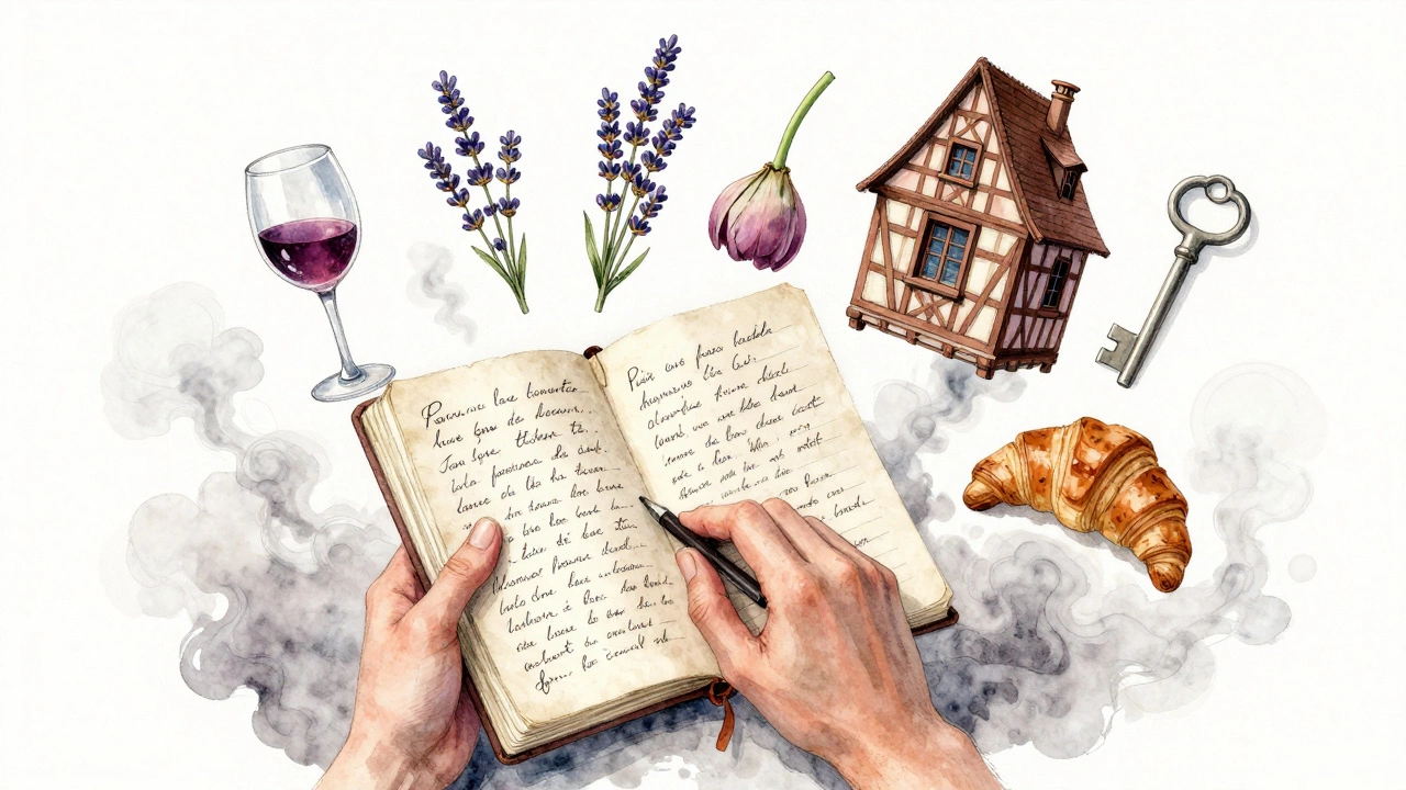 A notebook filled with French phrases floats among symbols of France’s hidden gems — wine, lavender, and half-timbered houses.