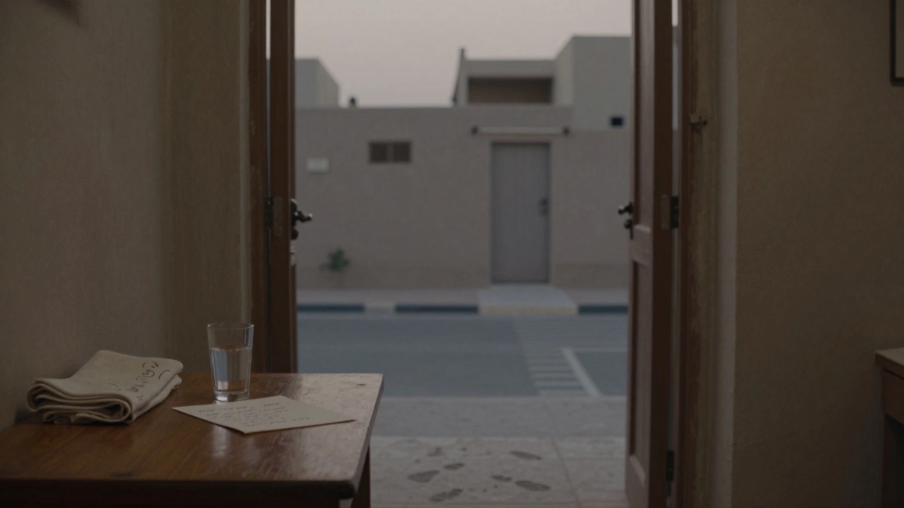 An empty doorway with a glass of water and a handwritten letter left on a table, symbolizing quiet healing.