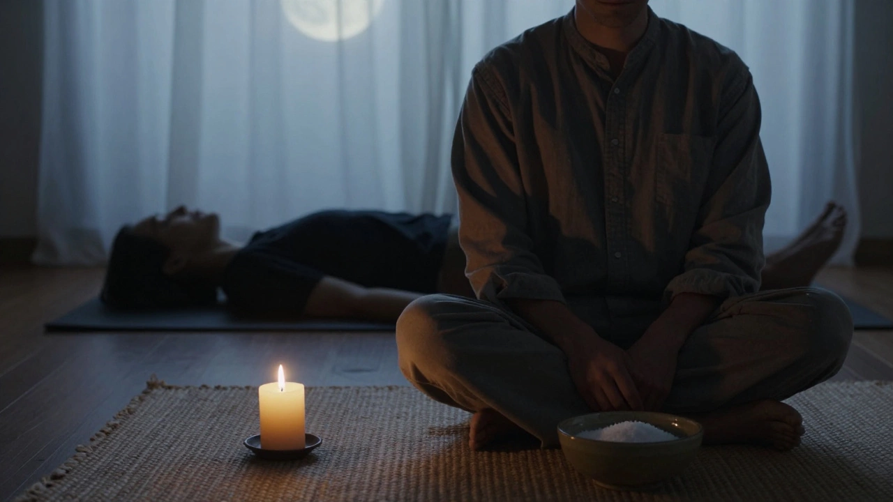 Rob meditating beside a candle and salt bowl, a client lying still in the background during a tantra session.